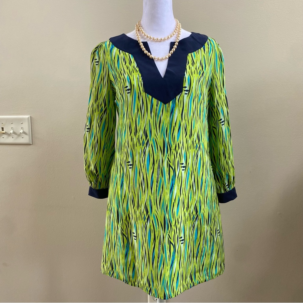 Lilly Pulitzer Seamus Green & Blue 100% Silk Long Sleeve Dress Runic Sz 2/XS